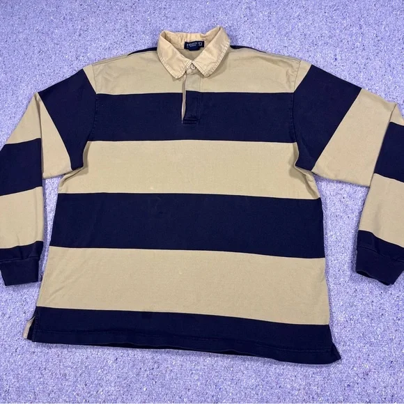 Land's End Navy Tan Striped Rugby Shirt Size Large - Picture 2 of 11